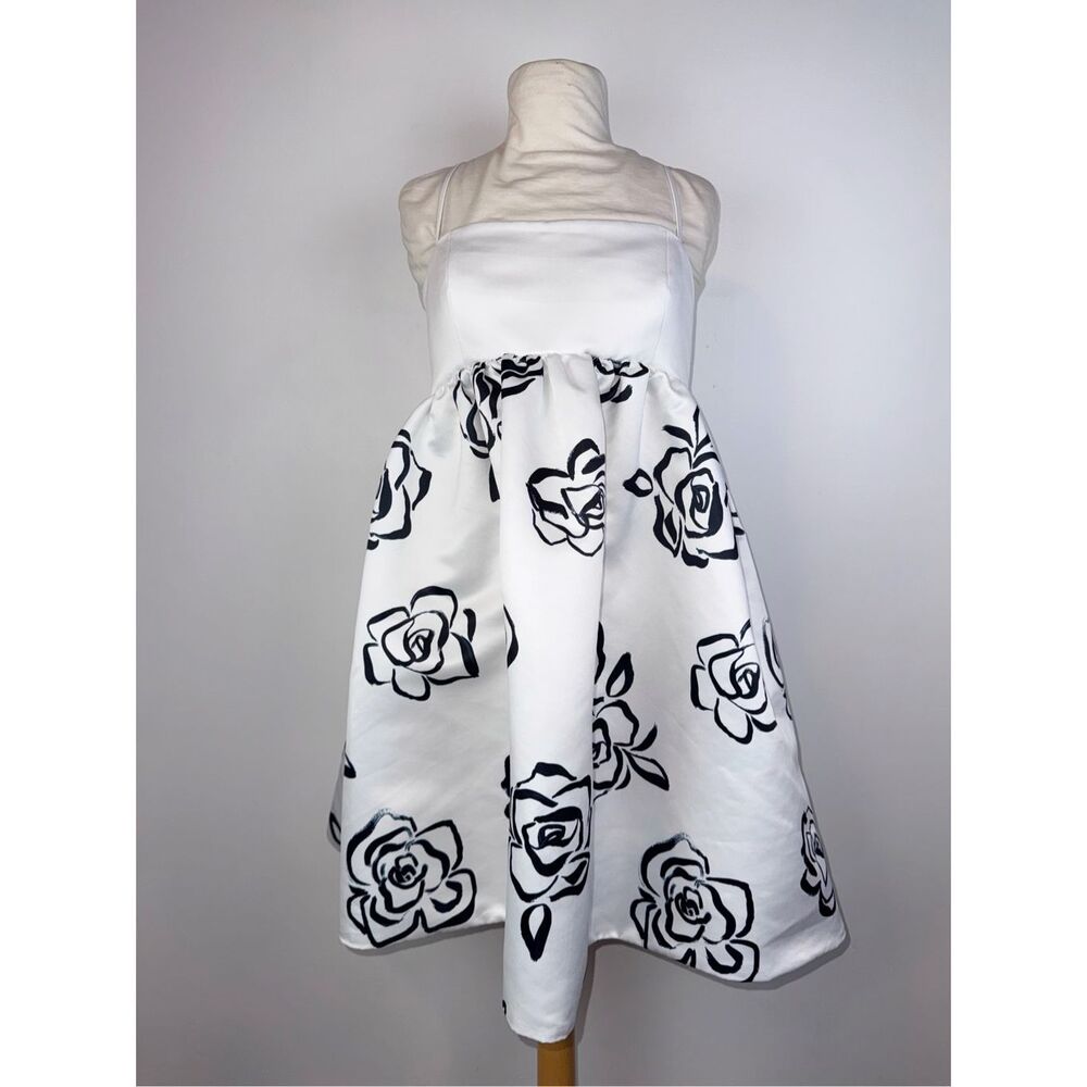 Maeve Size L Babydoll Mini Dress Square Neck Black White Floral Spaghetti Strap